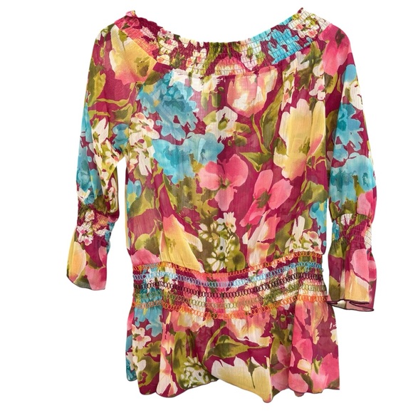 Hessi Pink/Blue/Green/Yellow Floral SheetSmocked Women's Top Size Small - Picture 3 of 8